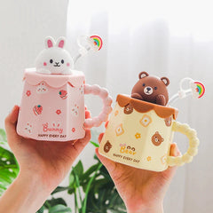 Cartoon Ceramic Mug with Lid and Spoon (400ml)