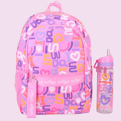 Smiggle Pink Alphabet Design Large Capacity 16 inch School Bag & Bottle Combo